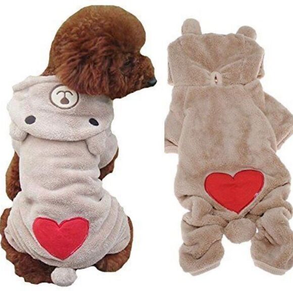 XS/S Dog Fleece Onsie, Hooded Bear Ears, Heart, Like New - Picture 1 of 3